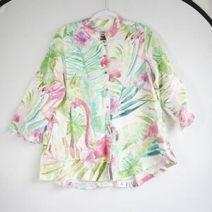 iLinen XL Flamingo Tropical Watercolor 100% Linen Button Tunic Top Poland Coast
